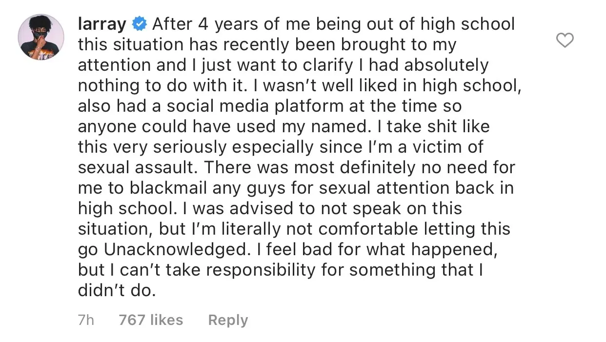 Screenshot of Larray's Instagram comment in which he responds to allegations