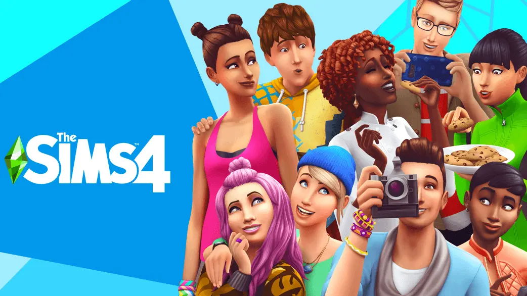 The Sims 4 updated key art on a blue background with the logo