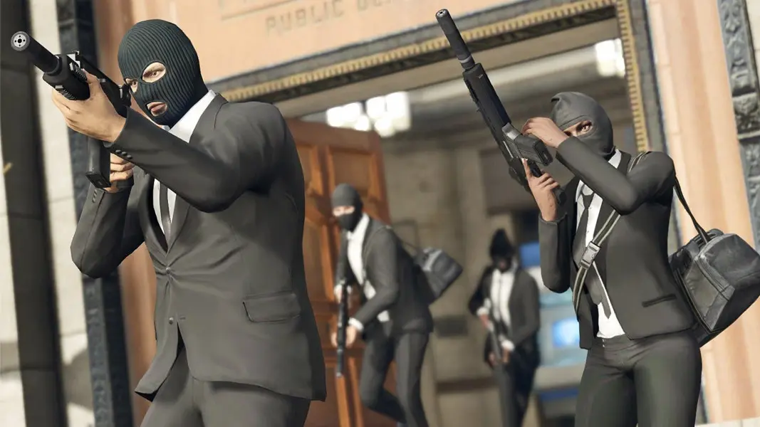 GTA Online characters in the Pacific Standard heist.