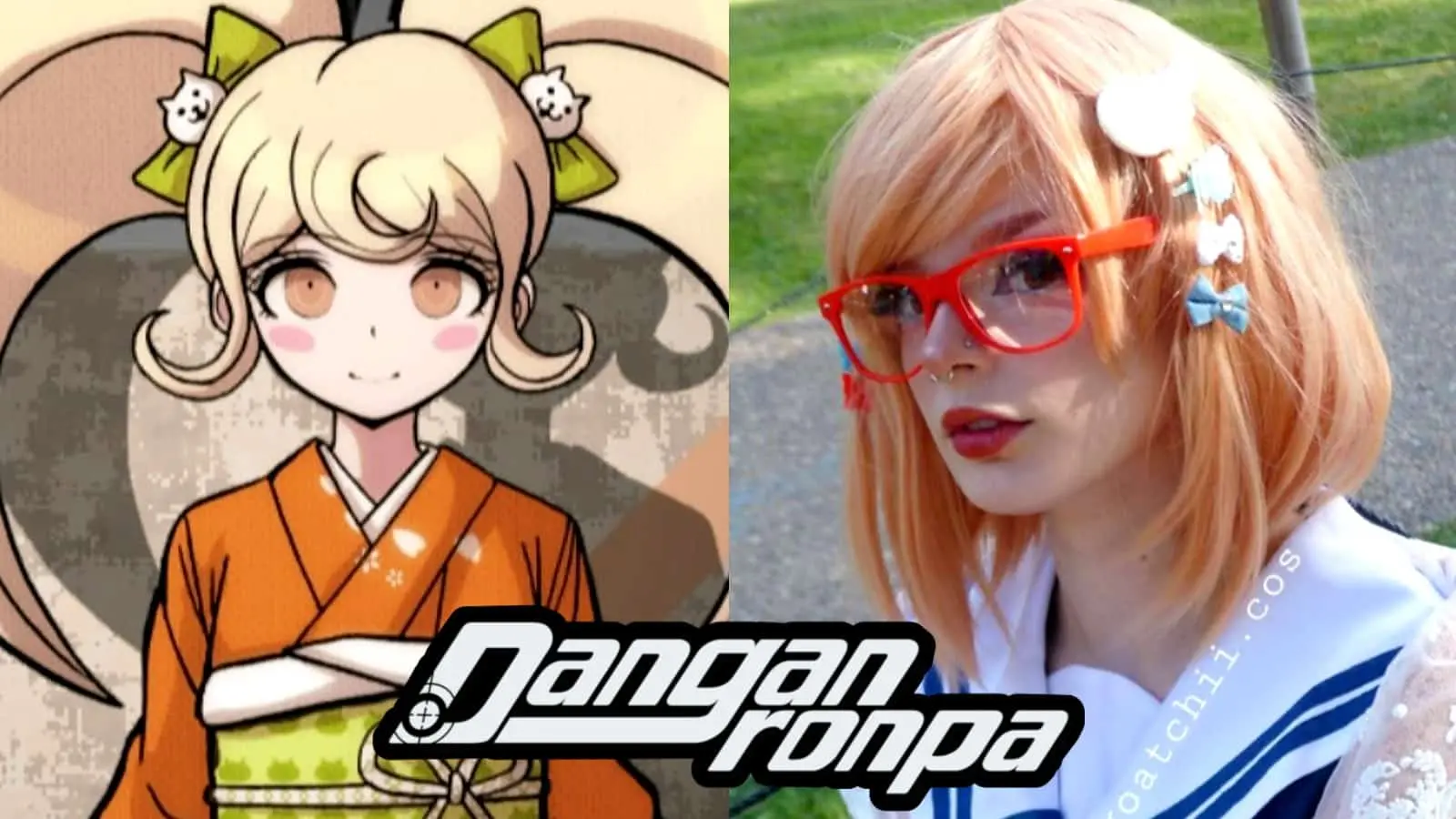 Danganronpa's Hiyoko next to cosplayer goatchii.cos