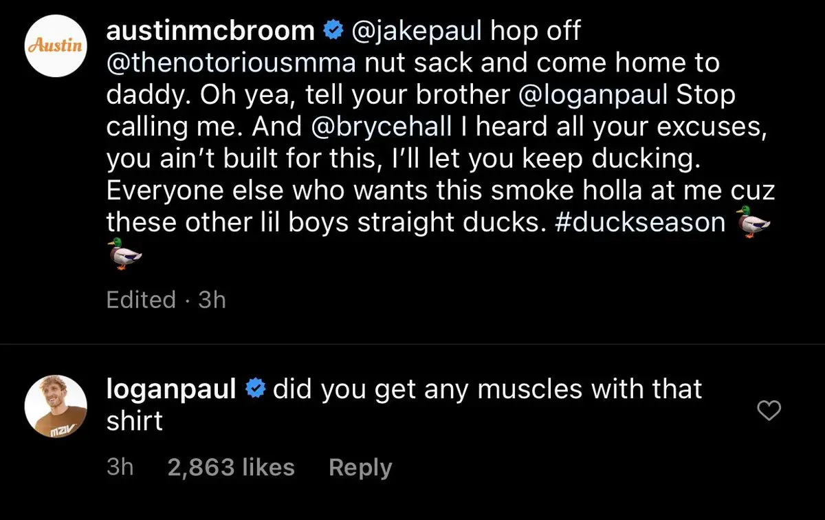 Logan Paul comment on Austin McBroom post