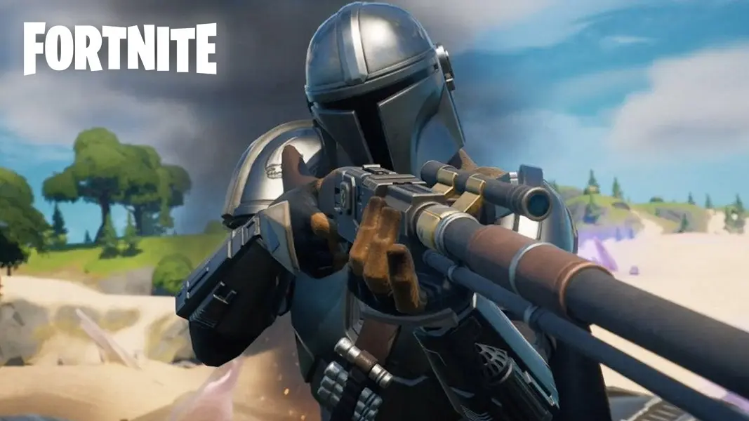 Tha Mandalorian looking down the barrel of his gun in Fortnite