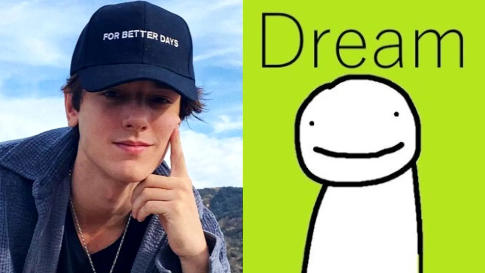 Bryce Hall next to Dream's stickman logo with a green background