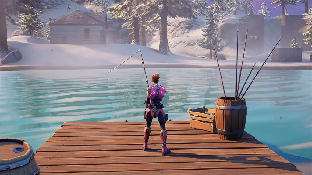 A Fortnite player fishing in the game.