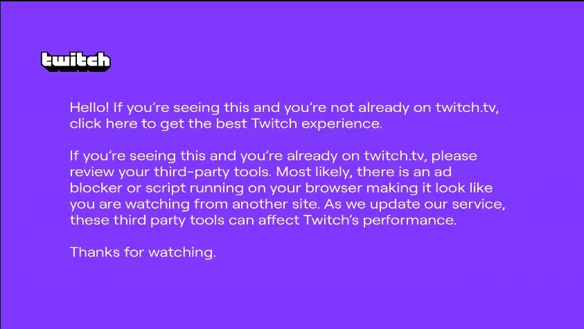 Screenshot of the so-called "Purple Screen of Death" in Twitch embeds