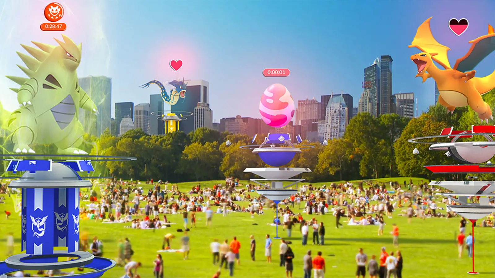 Pokemon Go promotional image showing numerous gyms