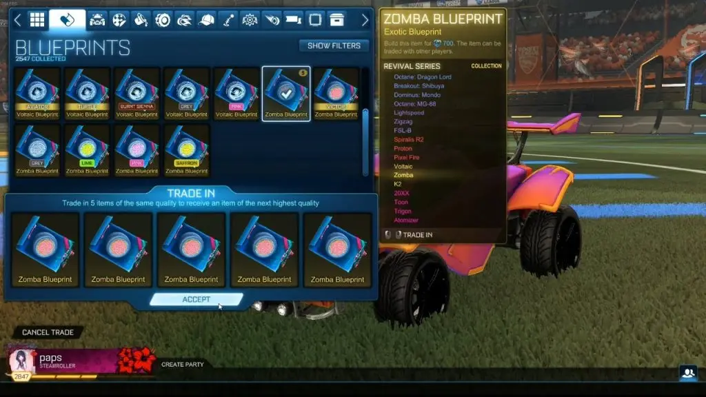 Rocket League Blueprint Trade in screen