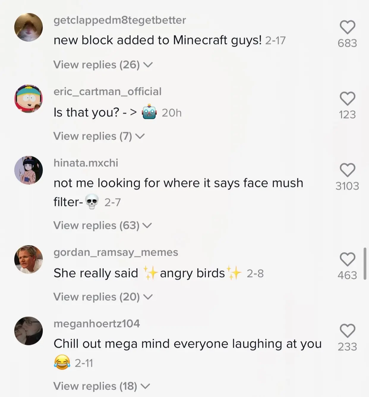 Screenshots of a comment section on TikTok