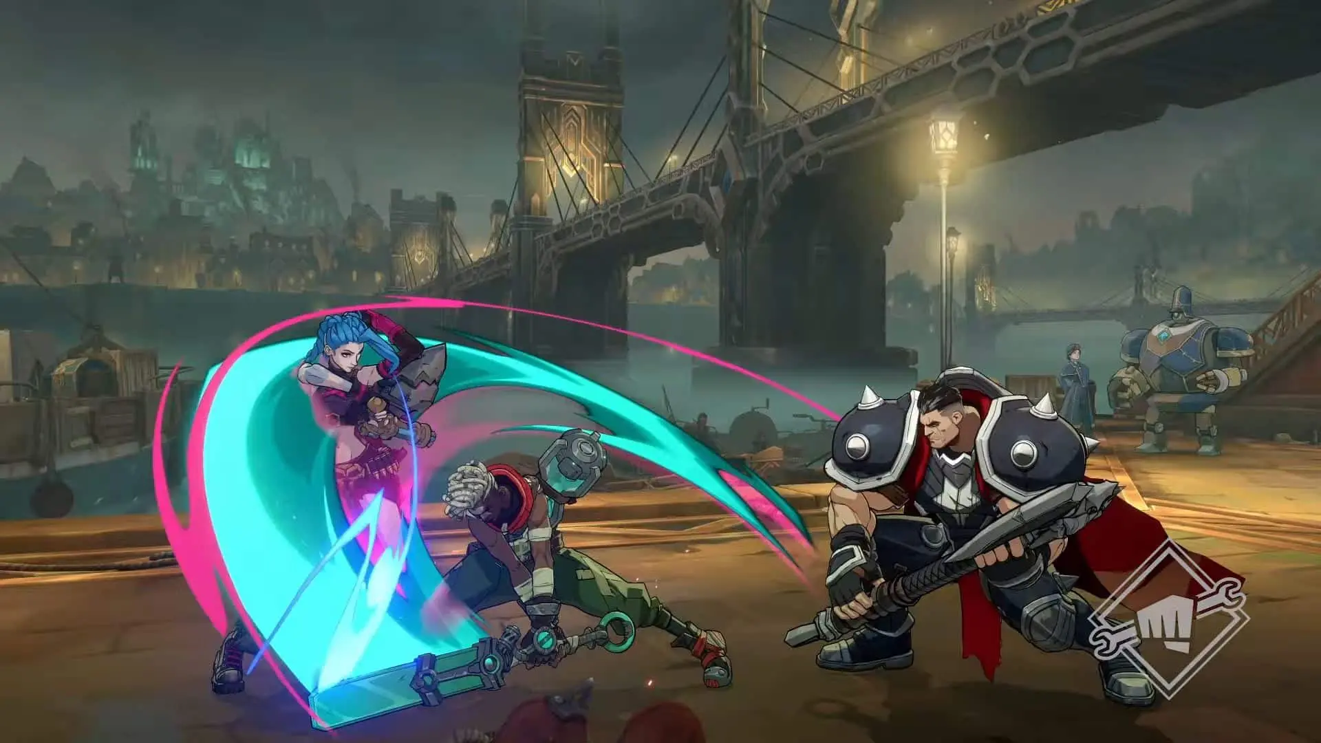 Ekko and Darius fighting Jinx in Project L