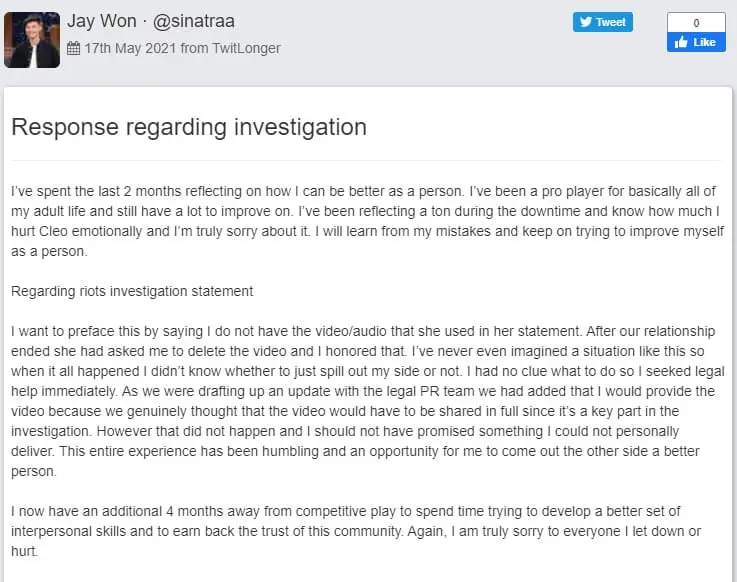 sinatraa ban response investigation valorant sentinels