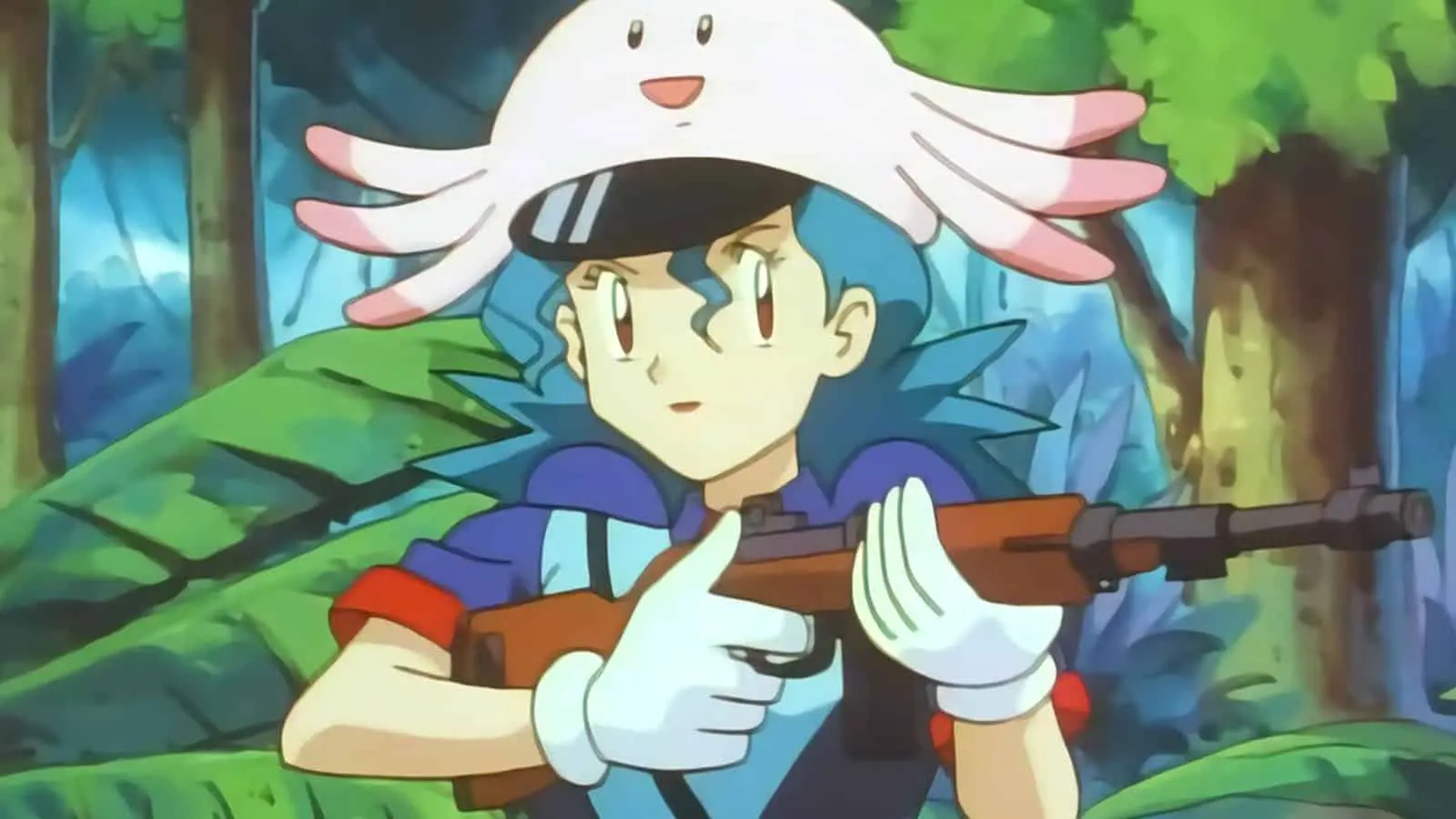 A screenshot featuring a Pokemon character holding a gun.