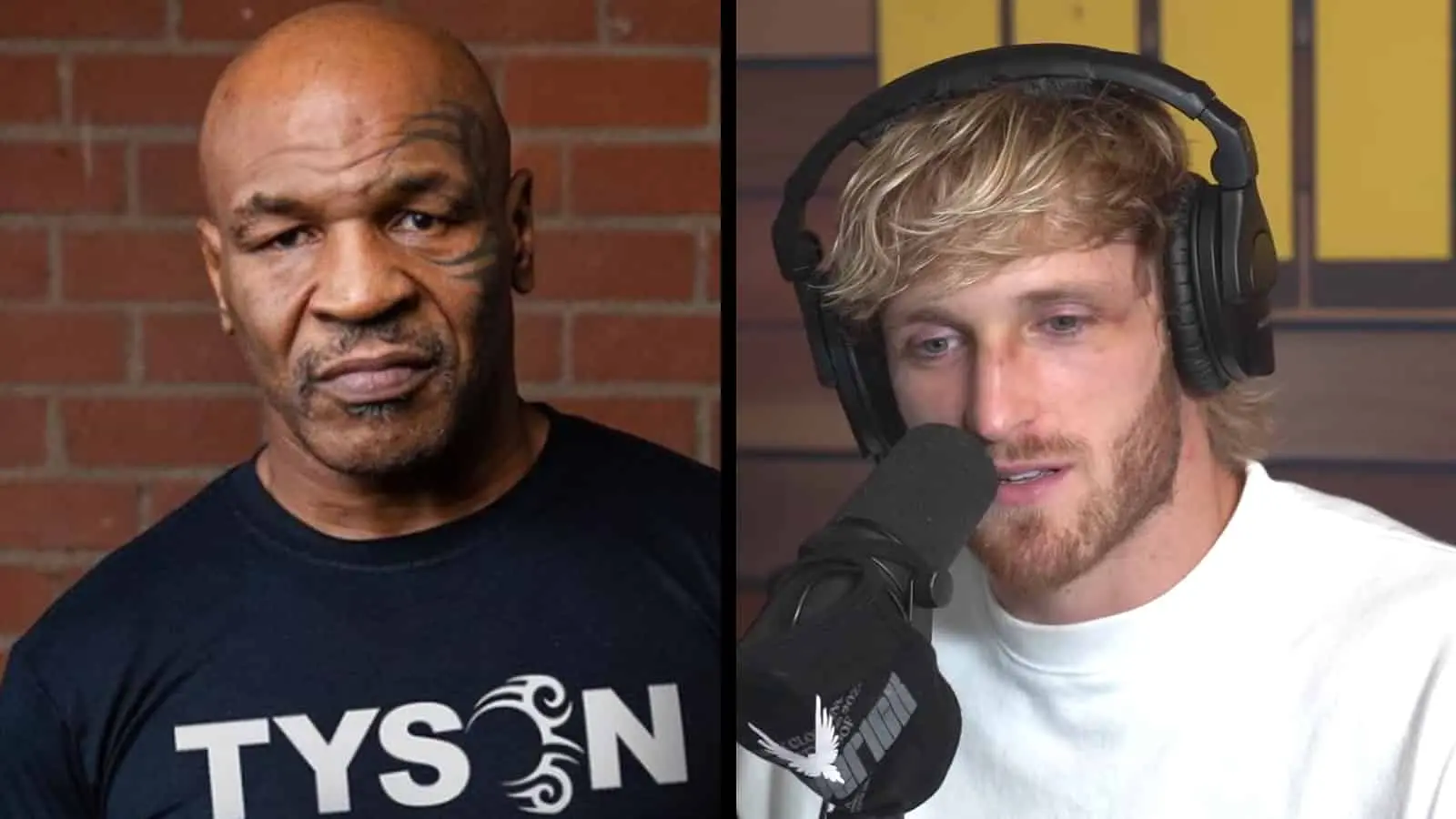 Mike Tyson headshot and Logan Paul on the Impaulsive podcast