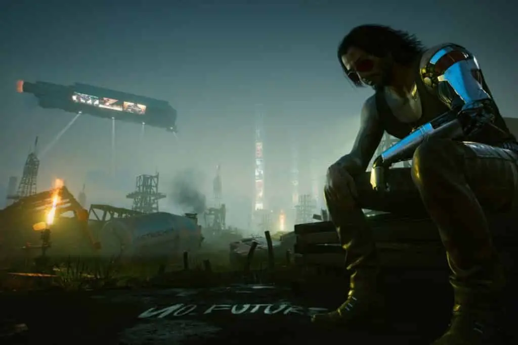 Cyberpunk 2077 image showing Johnny Silverhand sitting.