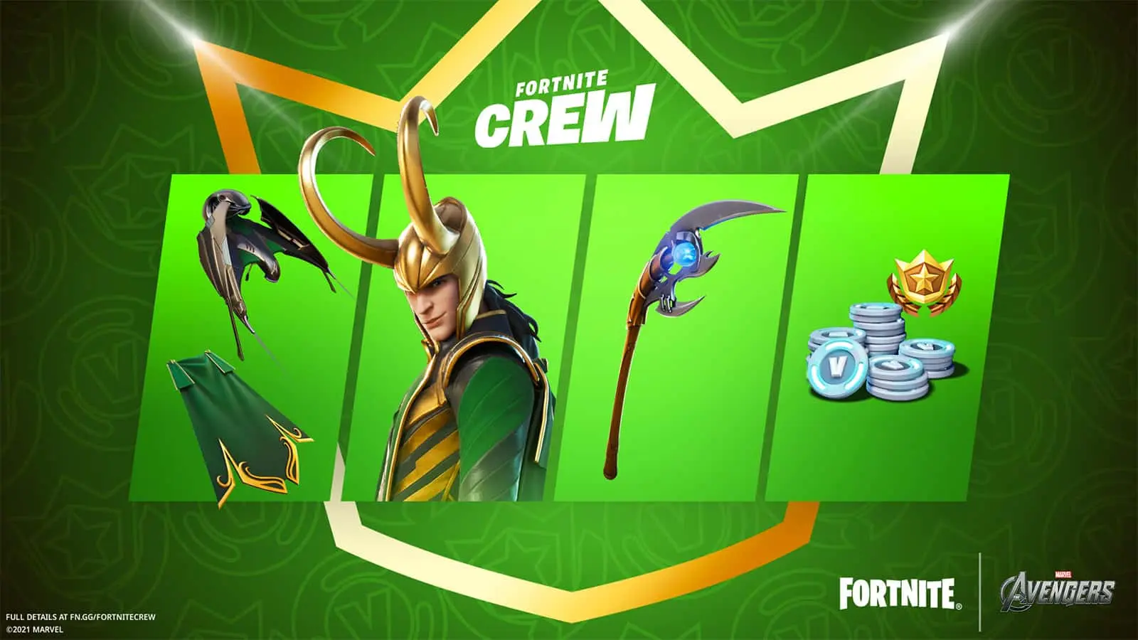 Fortnite Crew Loki cosmetics