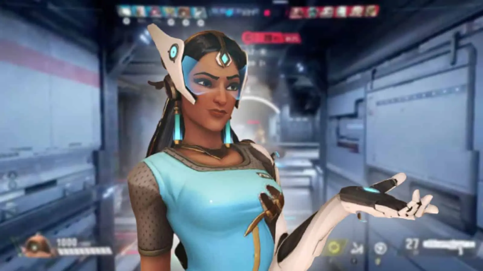 Overwatch symmetra standing in front of GUNDAM EVOLUTION