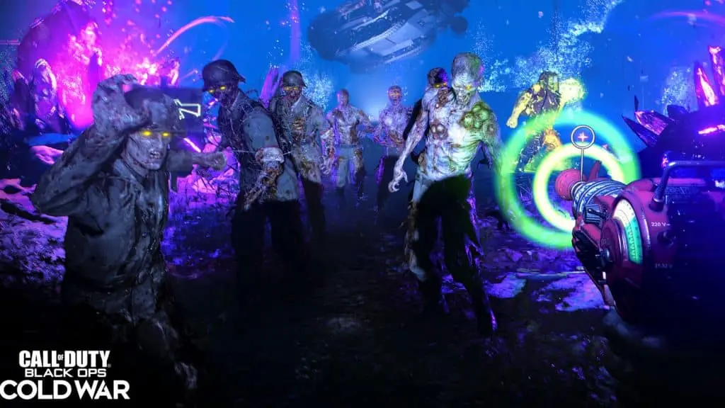 A horde of zombies are shot with a futuristic weapon.