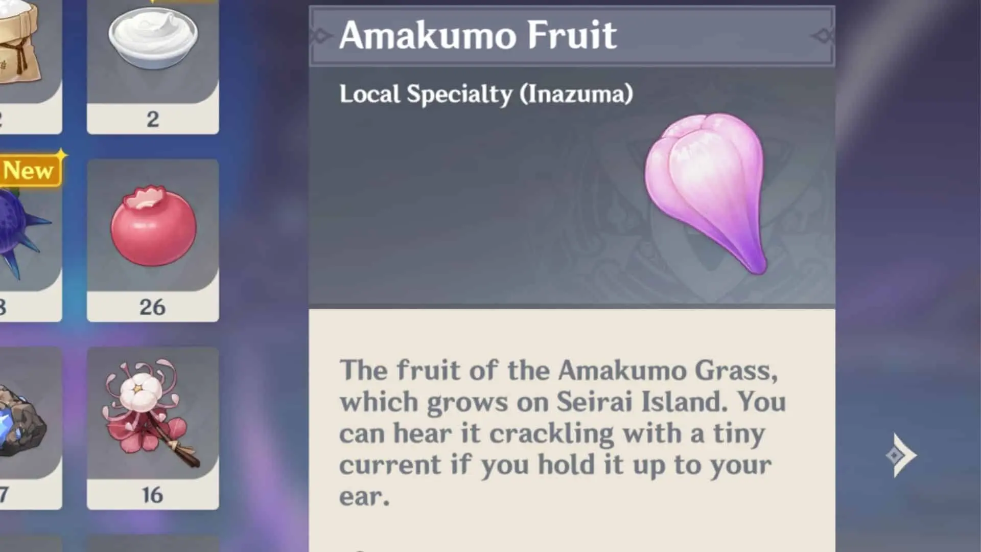 An image showing Amakumo Fruit in Genshin Impact, one of the Ascension materials needed to ascend Raiden Shogun, or Baal