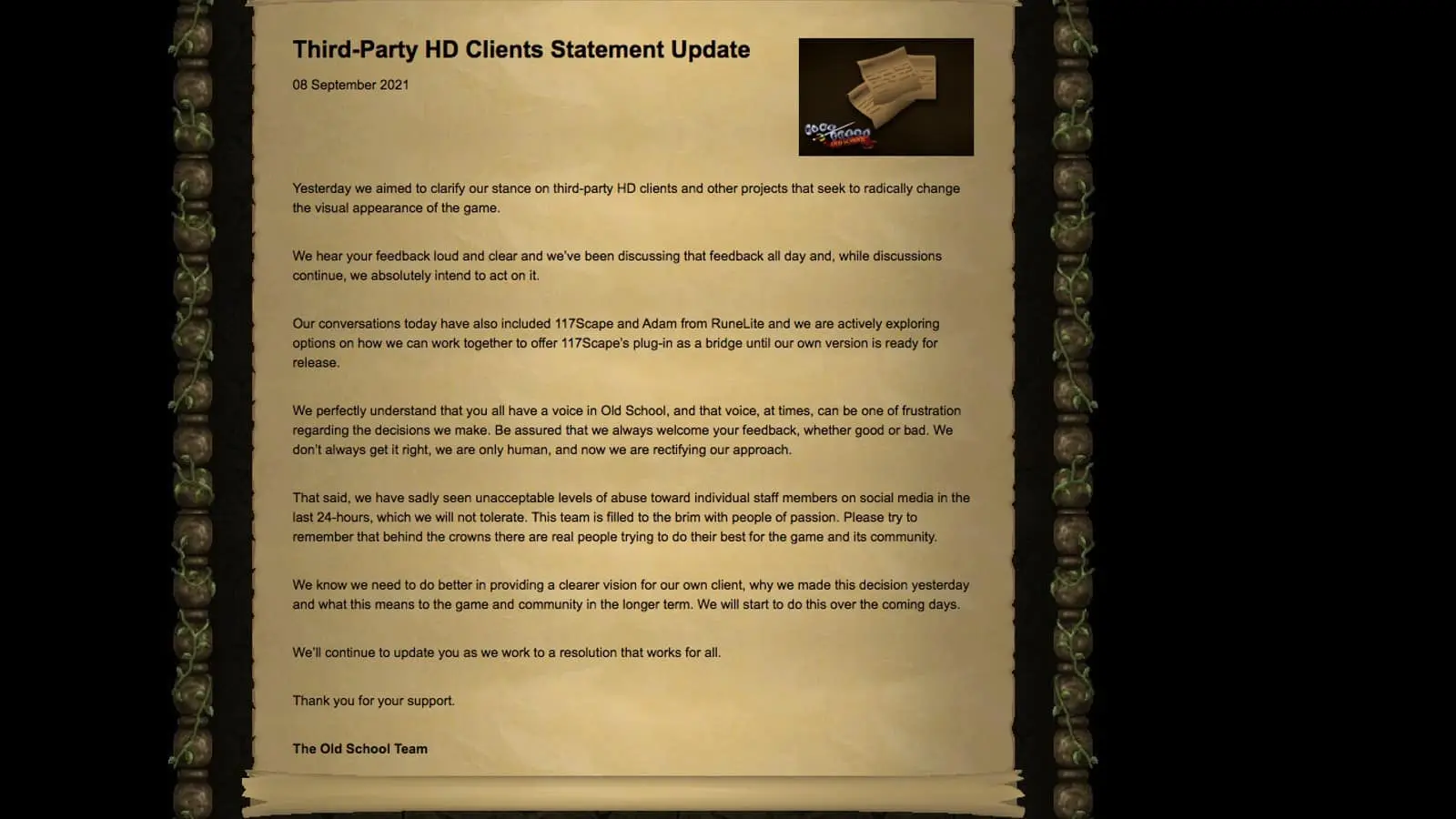 Oldschool Runscape team responds to protests