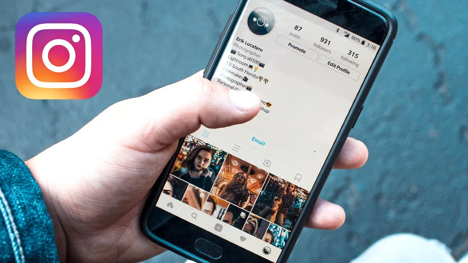 Hand on a phone using Instagram