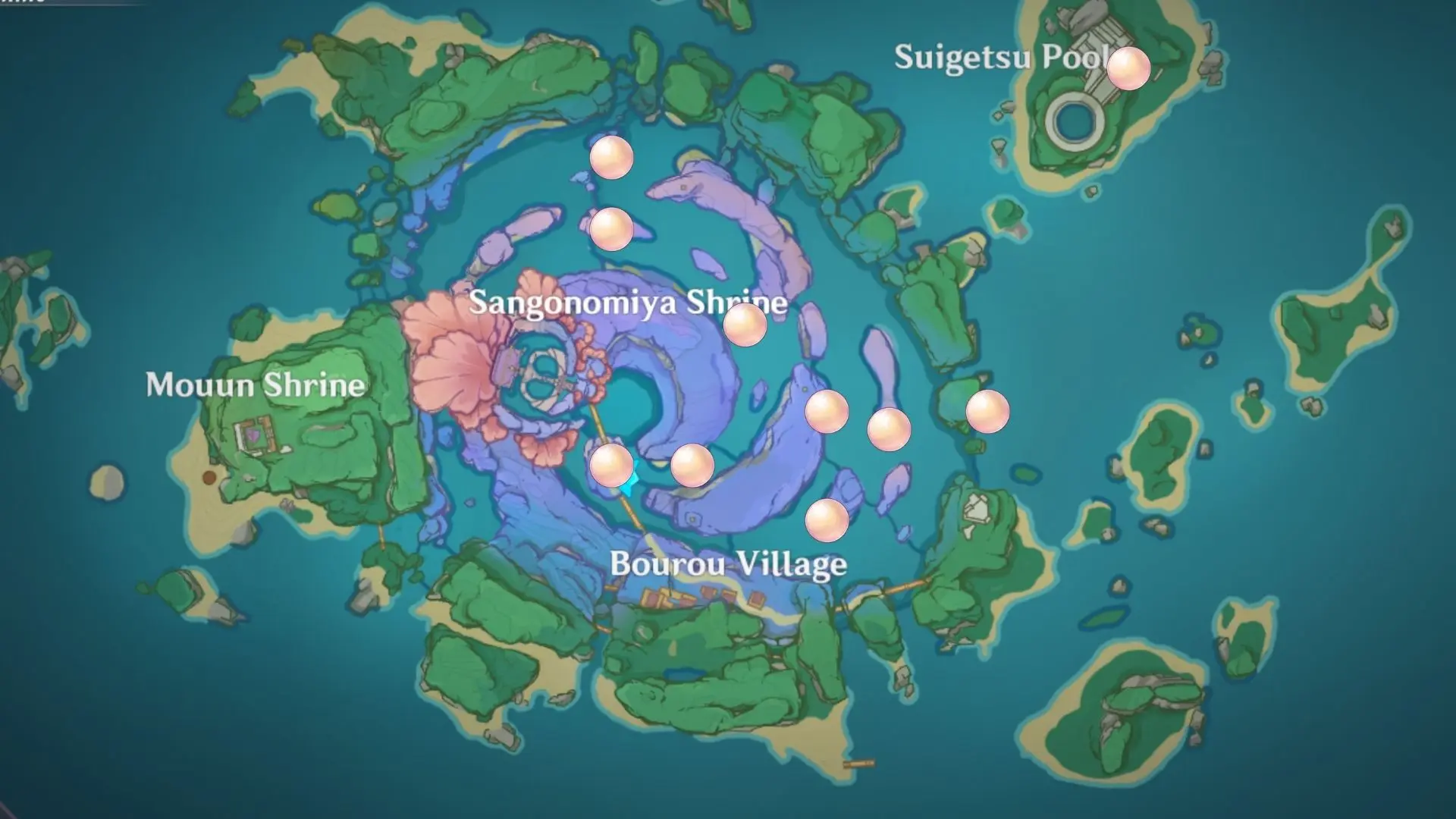 A map showing the location of Sango Pearls in Genshin Impact