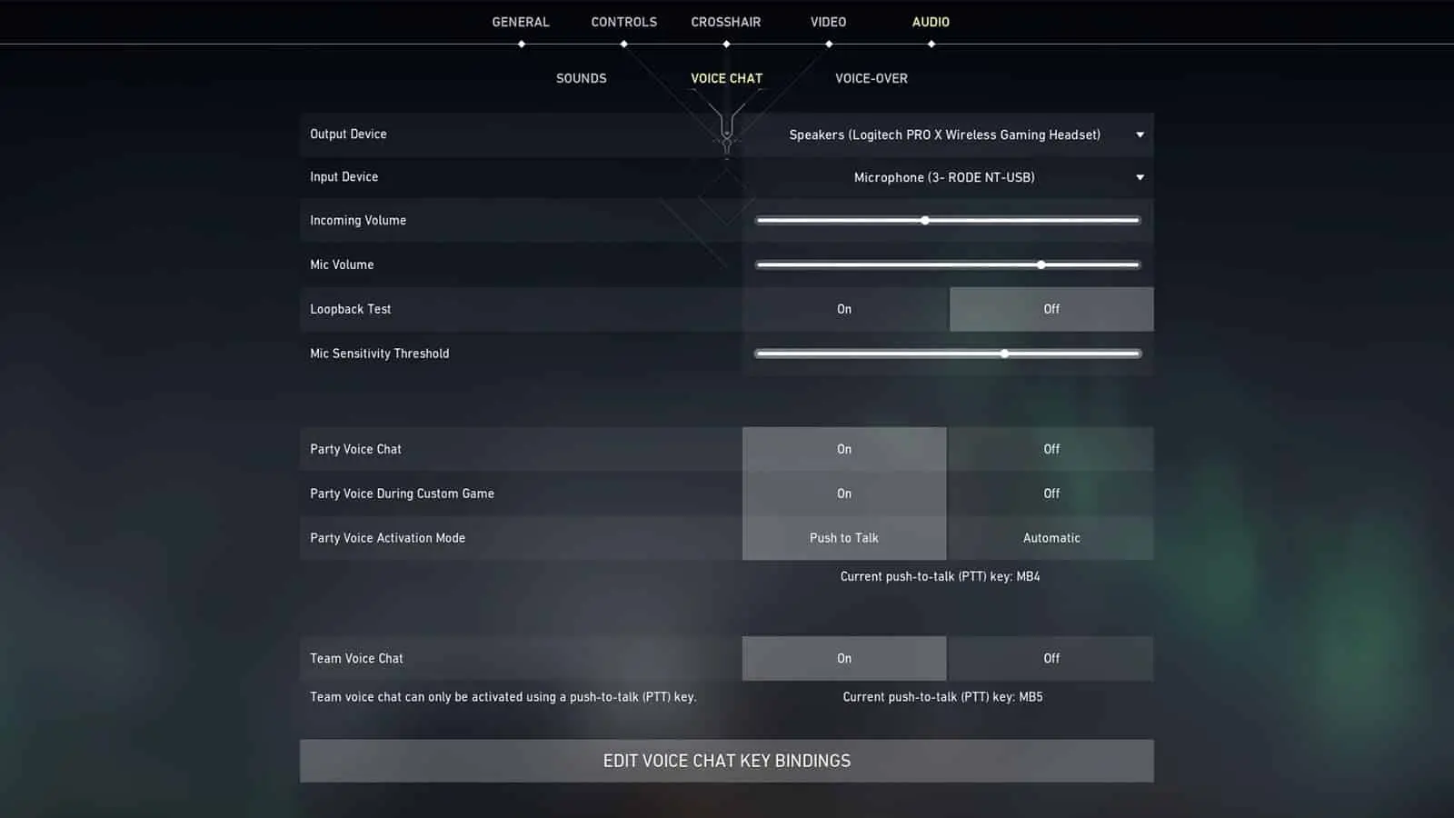 The voice chat audio settings screen in Valorant