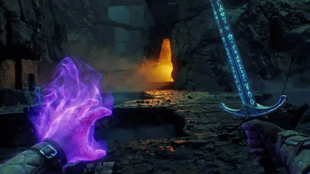 Avowed trailer screenshot showing a sword and spell ready to strike