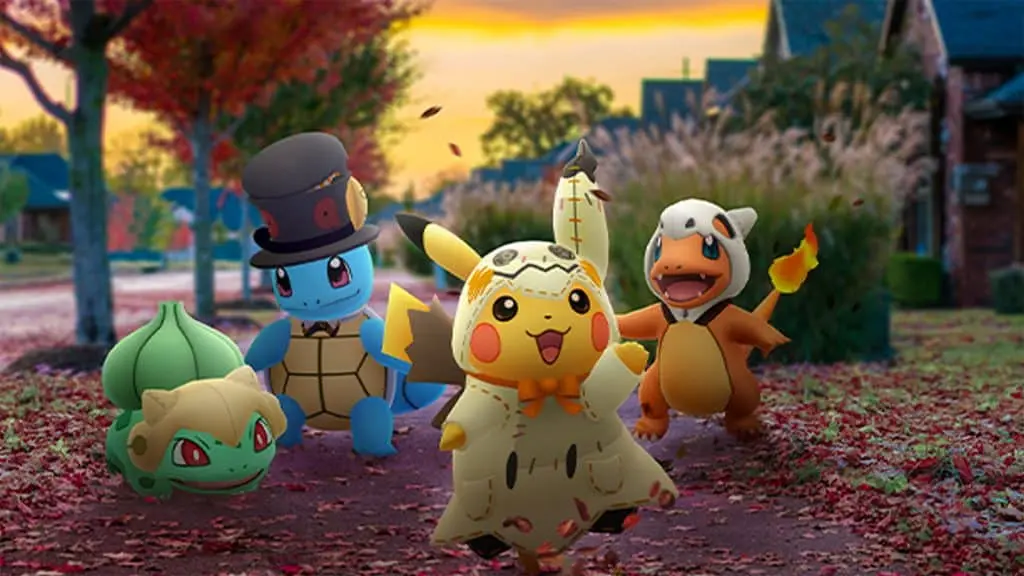 Bulbasaur, Squirtle, Pikachu, and Charmander wearing Halloween costumes in Pokemon Go