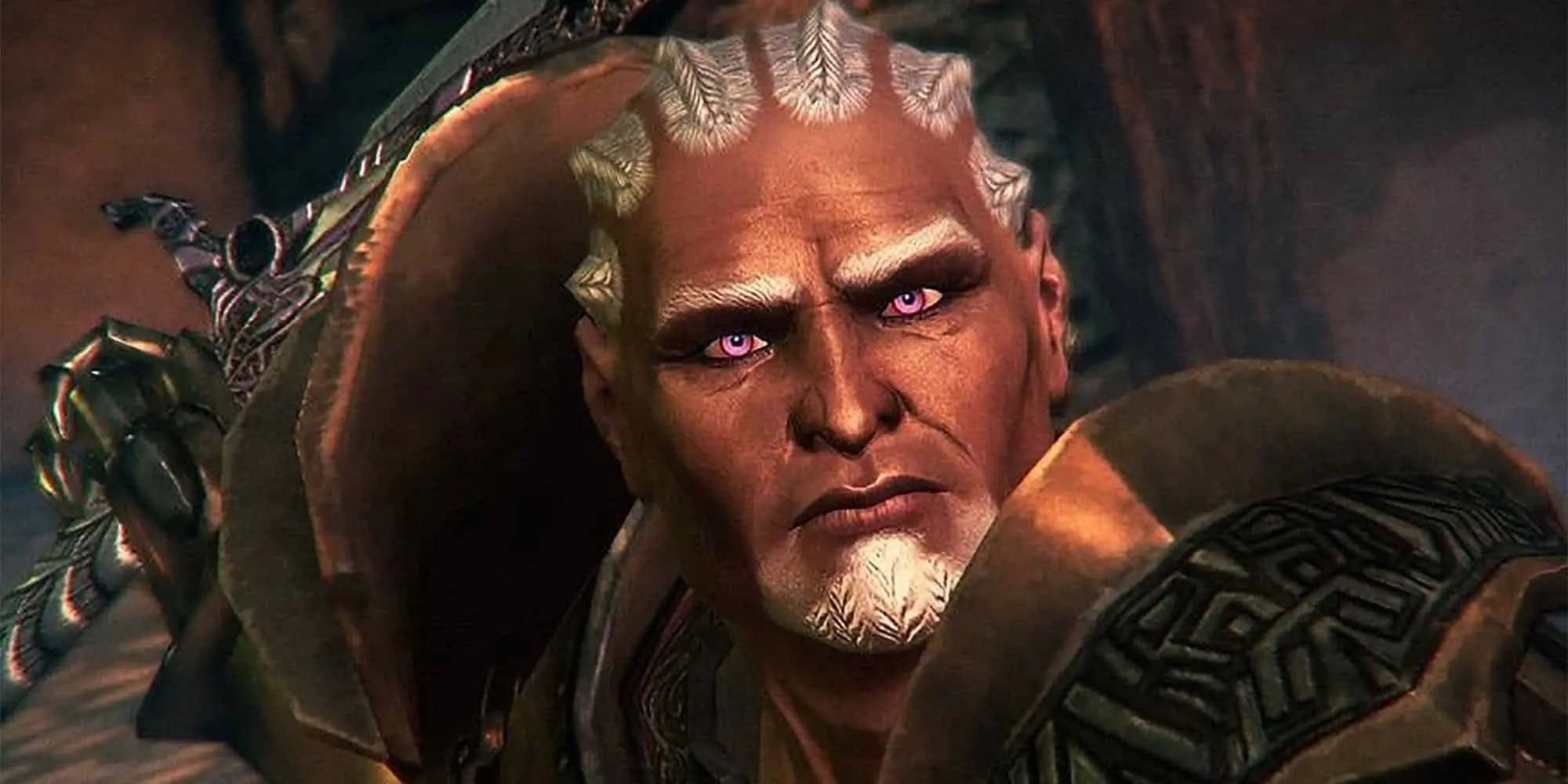 Dragon Age Origins tanned warrior with white cornrows prepares for battle