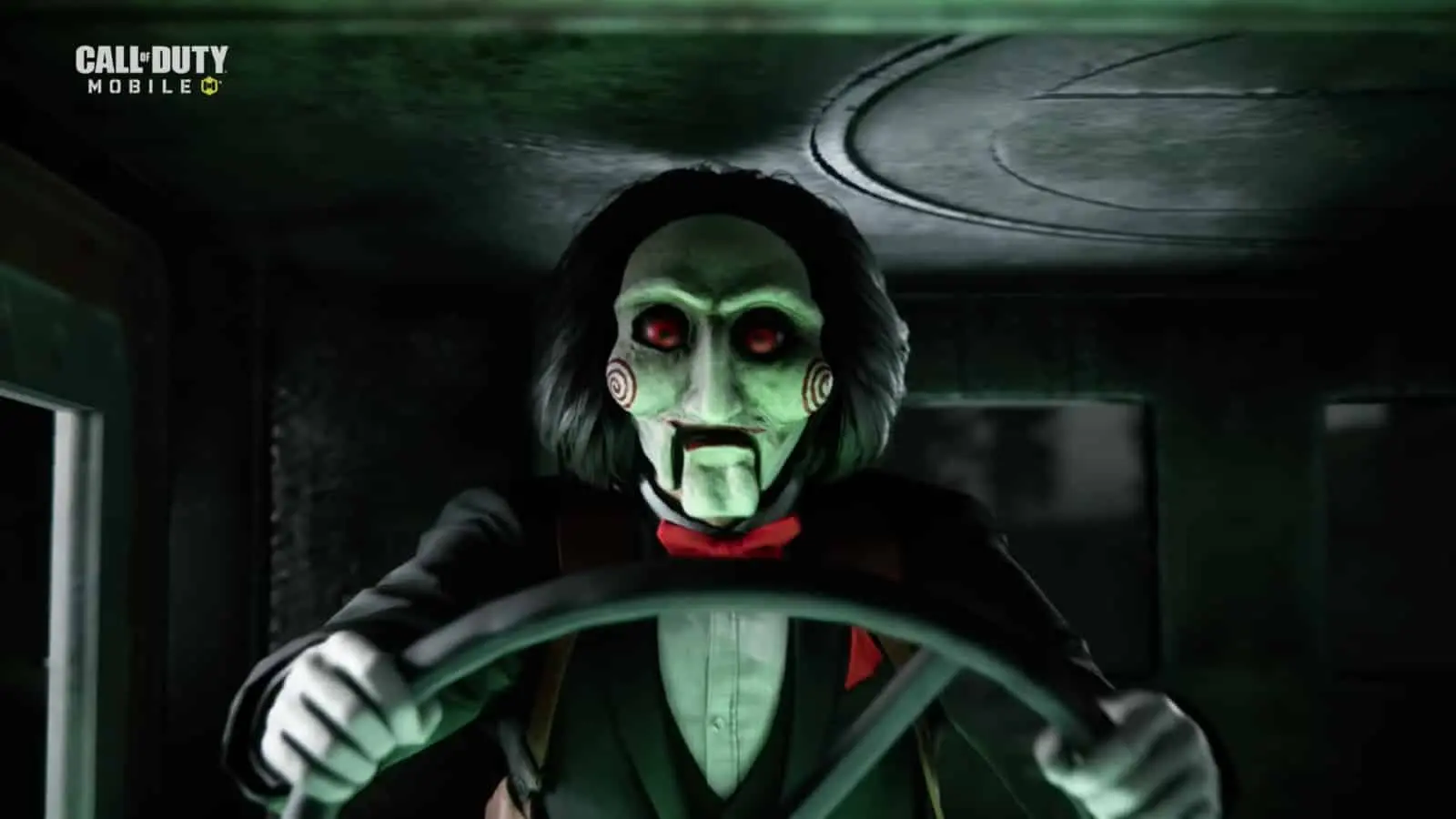 Billy the Puppet from the SAW franchise driving a truck in CoD Mobile.