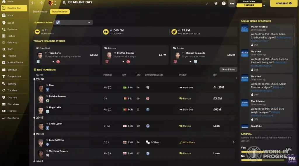 Football Manager 2022 screenshot showing deadline day