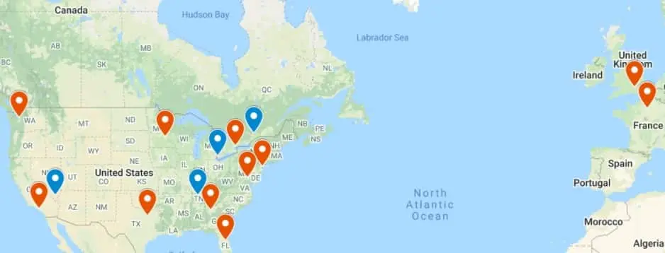 A map showing the current CDL teams plus four potential expansion teams