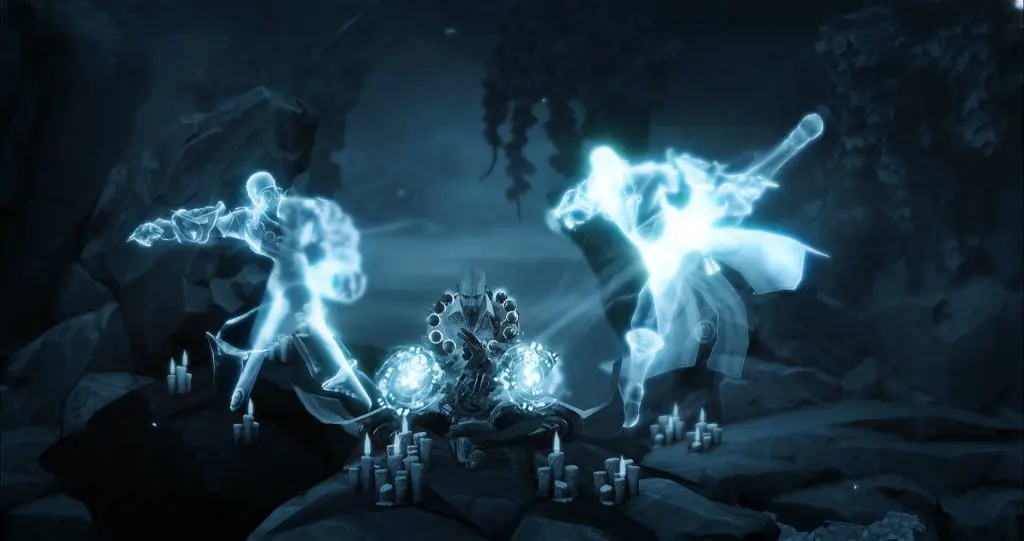 Diablo Immortal monk sits meditating with spirits surrounding him