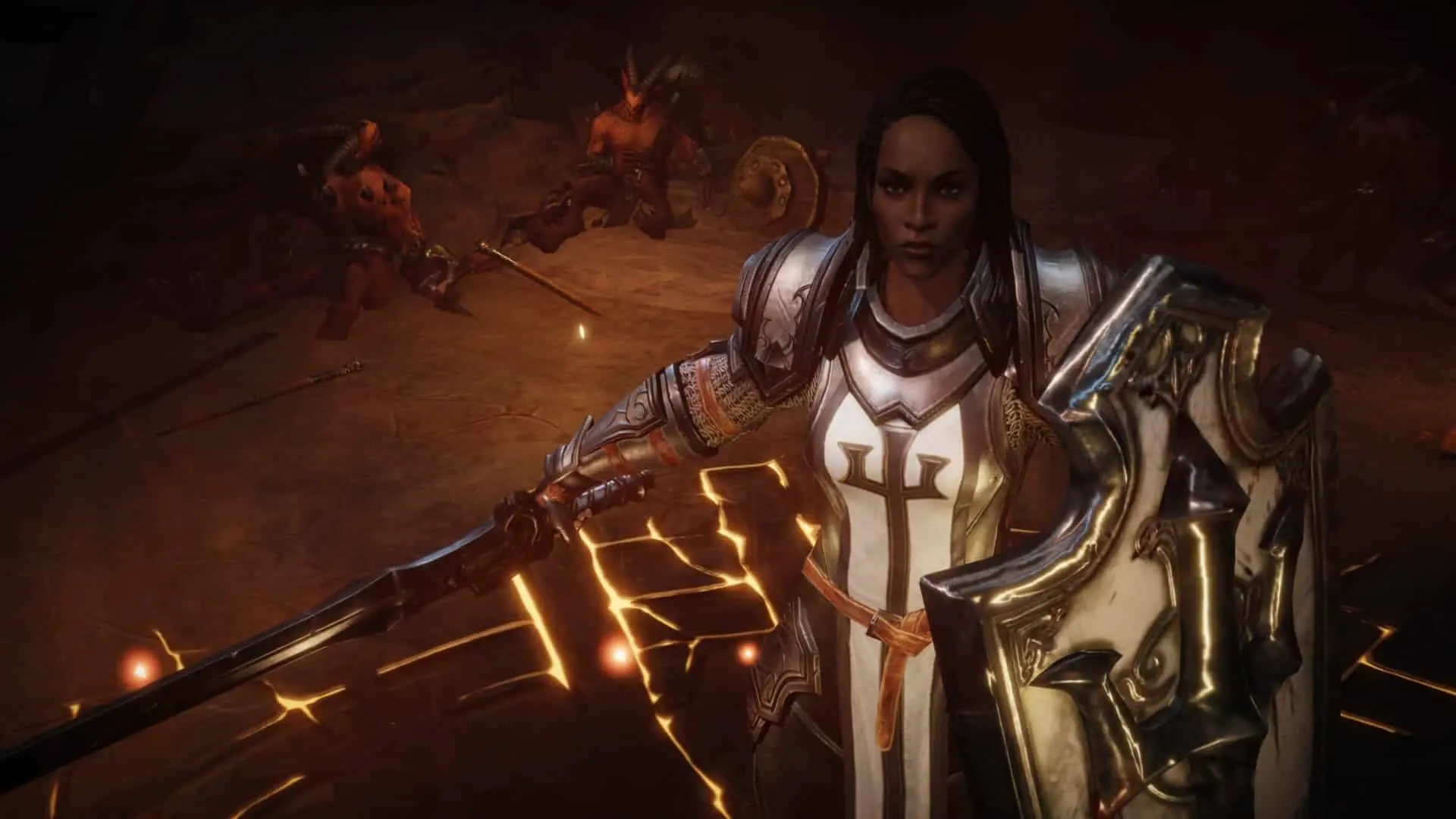 diablo immortal armored woman in templar fear looks at the camera