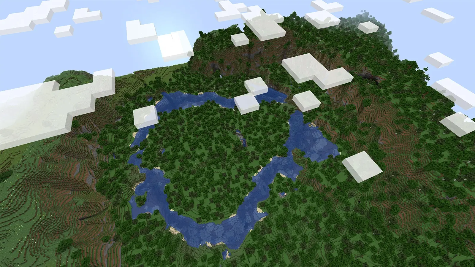 An image of a Minecraft seed that has a huge island surrounded by a lake and cliffs