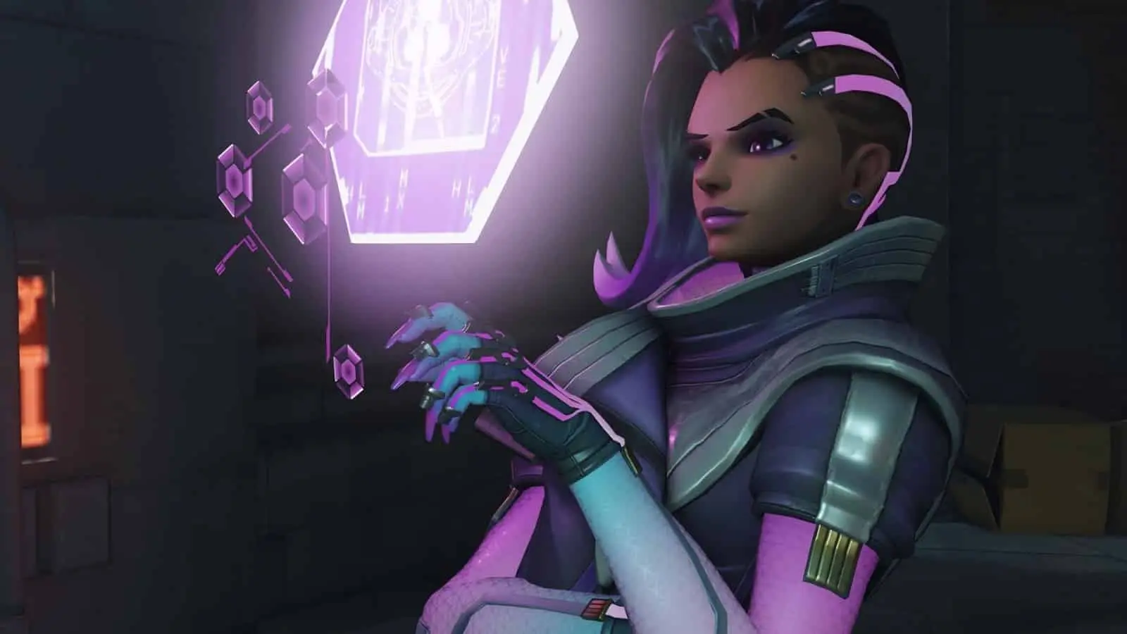 Sombra using her hack ability in Overwatch