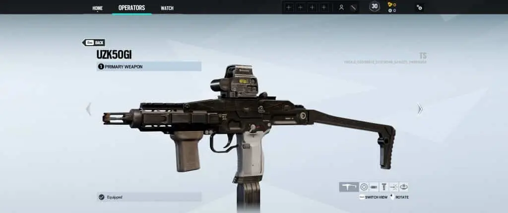 Rainbow Six Siege screenshot showing the new UZK50GI weapon