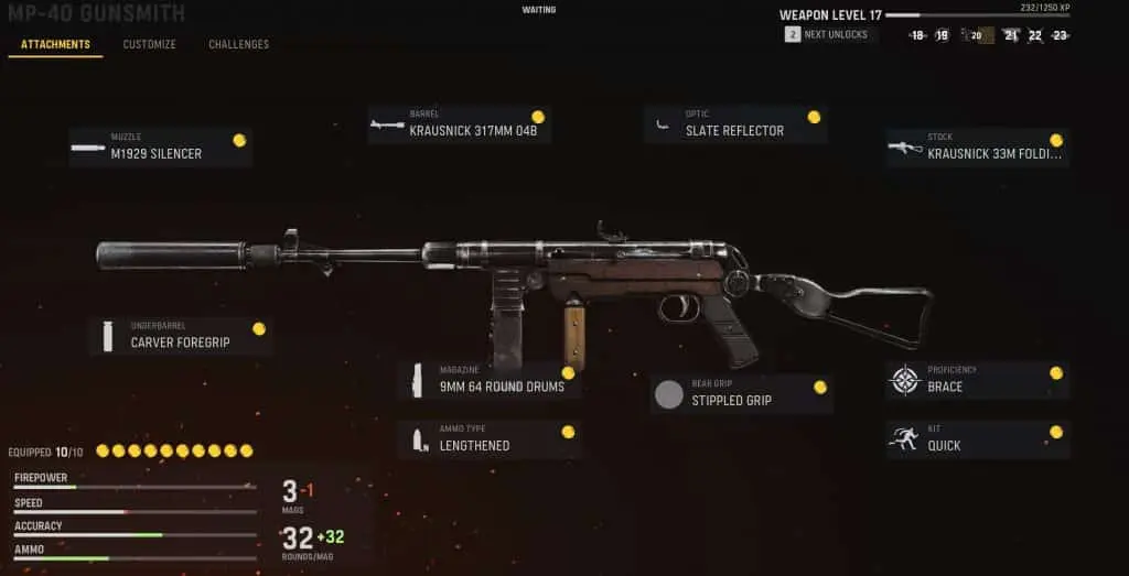 MP40 in the Vanguard weapon loadout screen