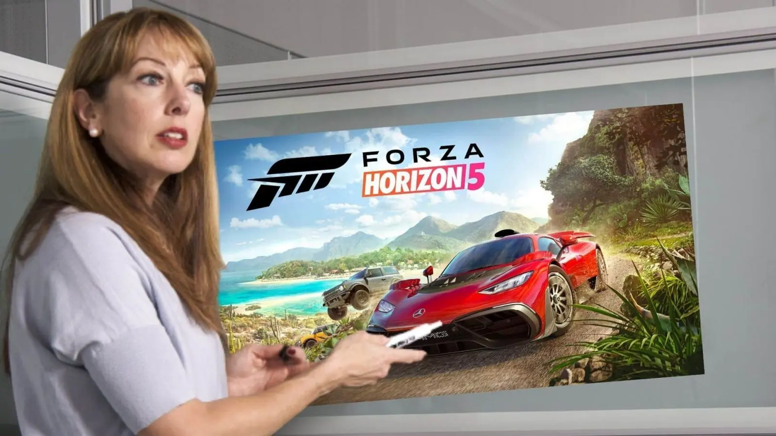 teacher shows forza horizon 5 on board