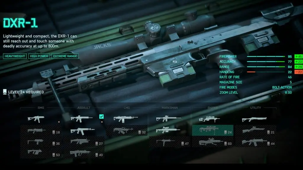 A screenshot of the DXR-1 loadout in Battlefield 2042