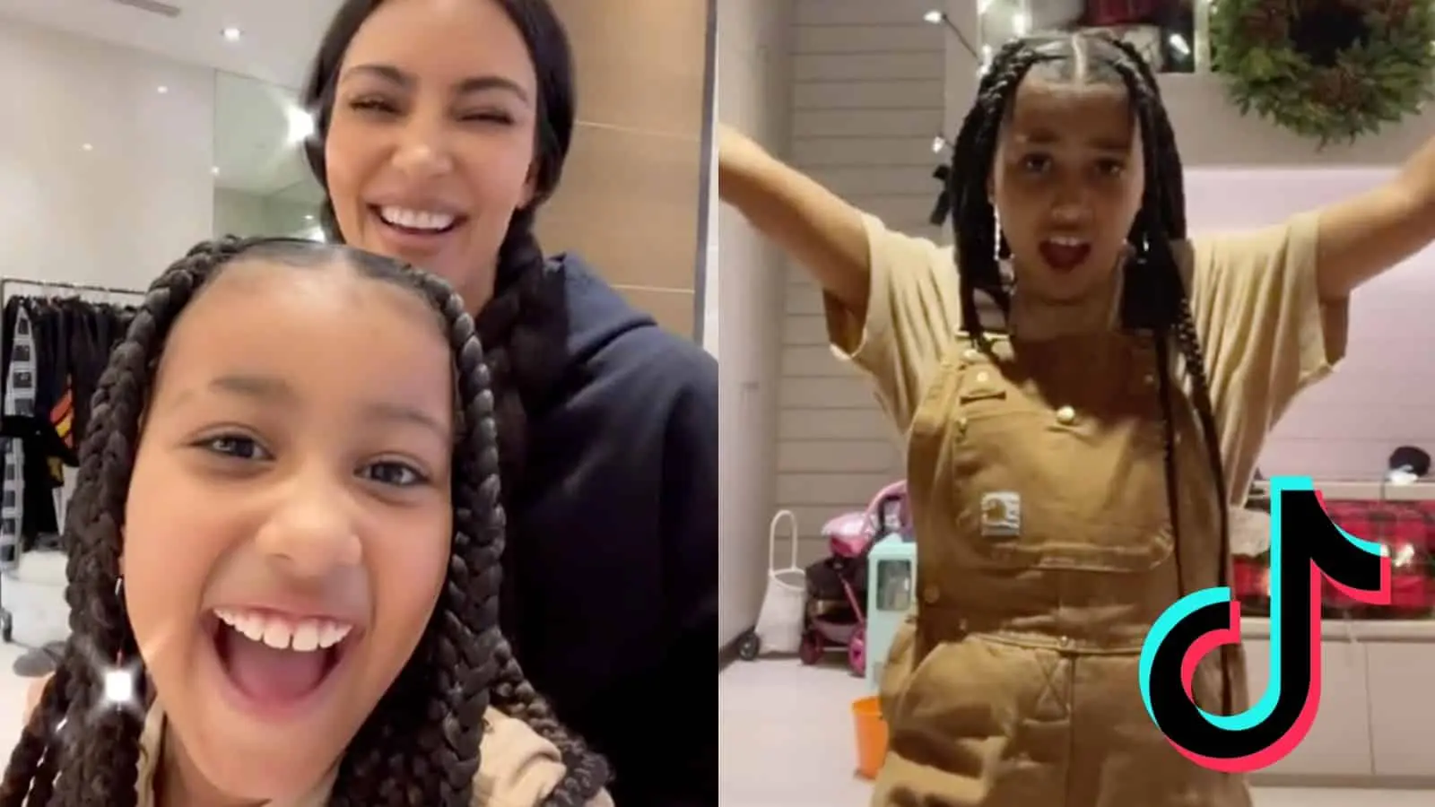 Kim Kardashian and North West next to the TikTok logo