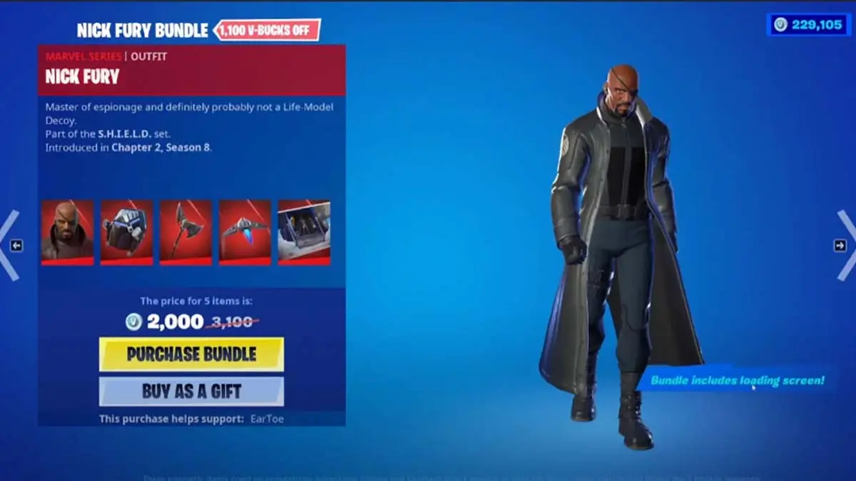 Nick Fury skin in Fortnite store