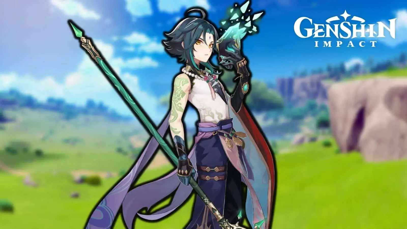 Xiao standing in a field in Genshin Impact