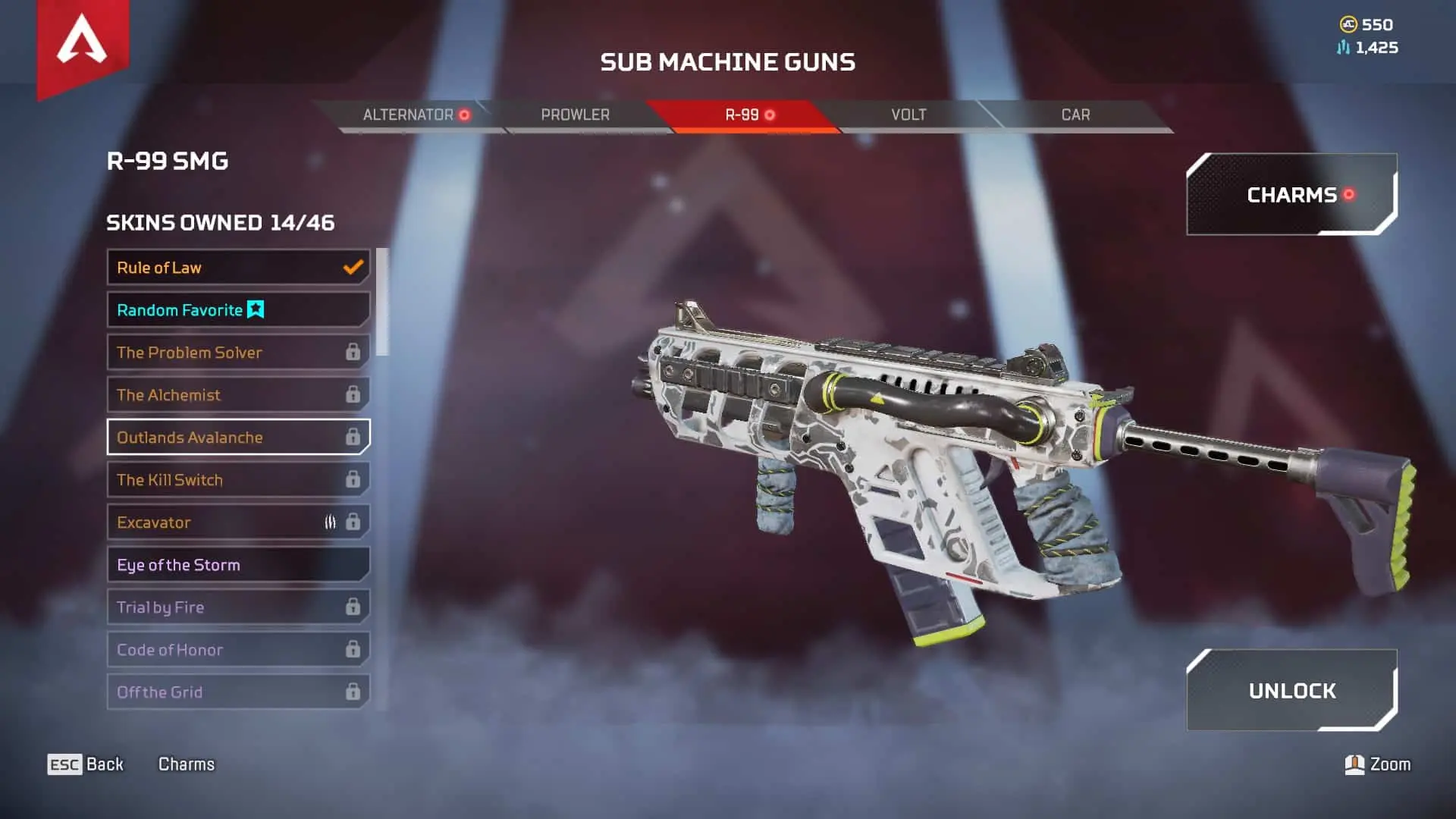 Outlands Avalanche R-99 weapon skin in Apex Legends