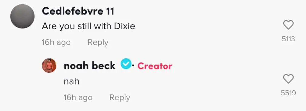 Noah Beck replies to a TikTok comment