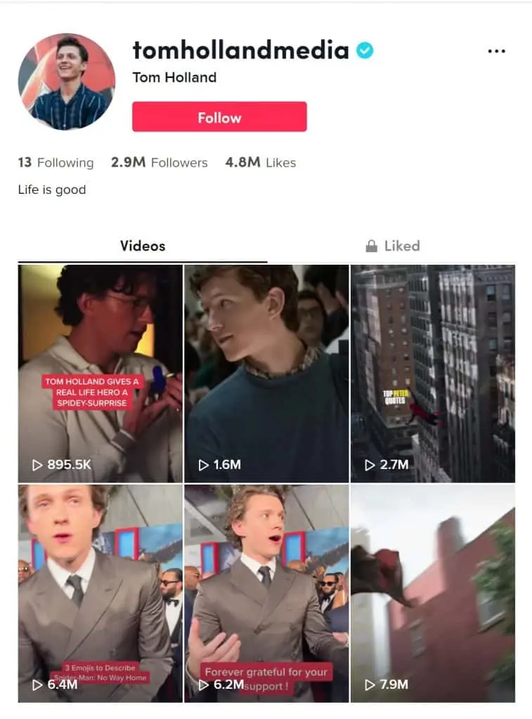 Tom Holland TikTok account