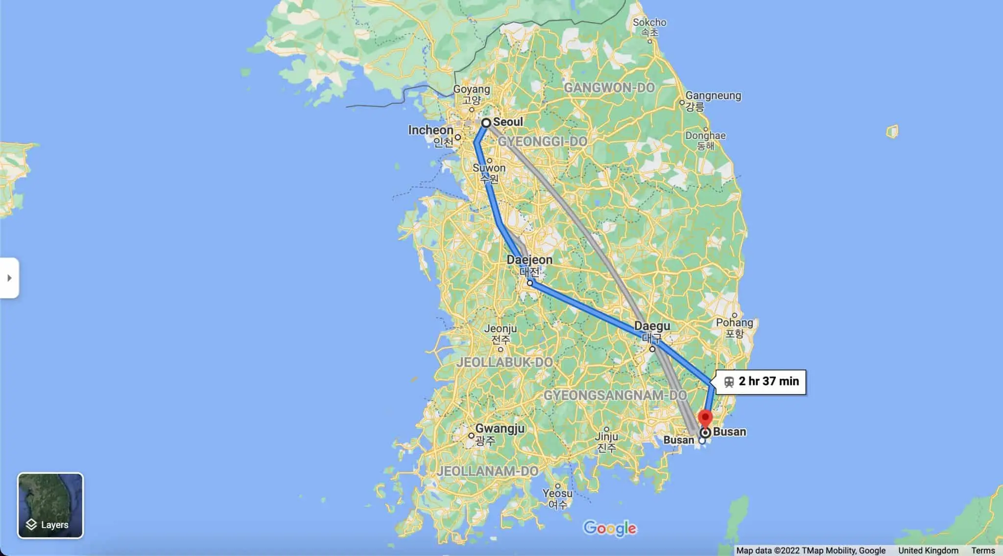 seoul to busan journey on google maps