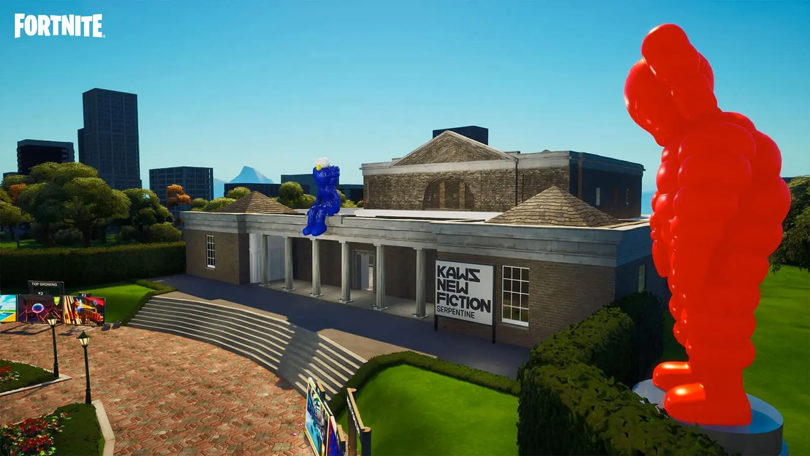 A screenshot of the Kaws New Fiction exhibit in Fortnite 19.10