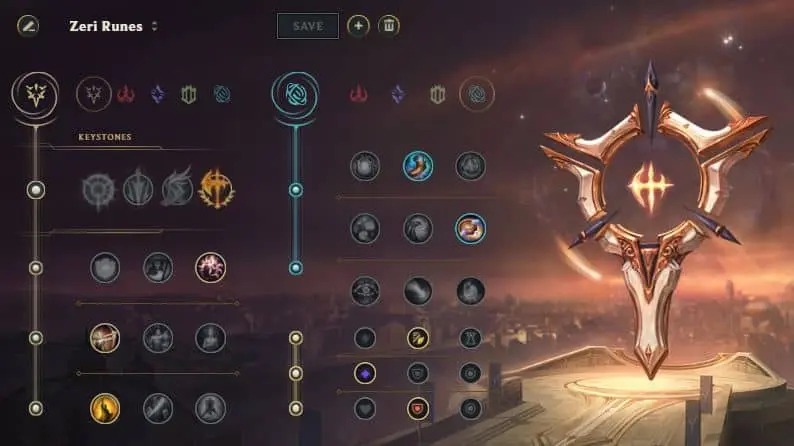 Example LoL rune page for Zeri with Conqueror keystone