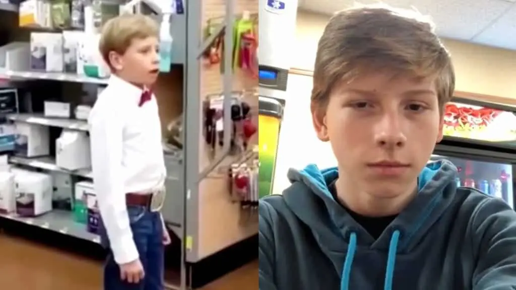 Mason Ramsey next to image of him in Walmart