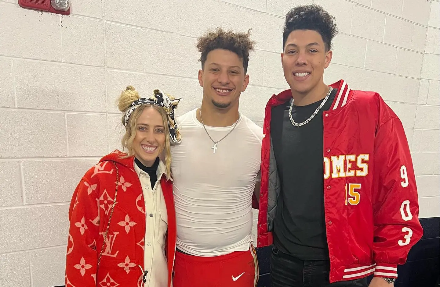 Brittany Matthews, Patrick Mahomes and Jackson Mahomes backstage at NFL Kansas City Chiefs game